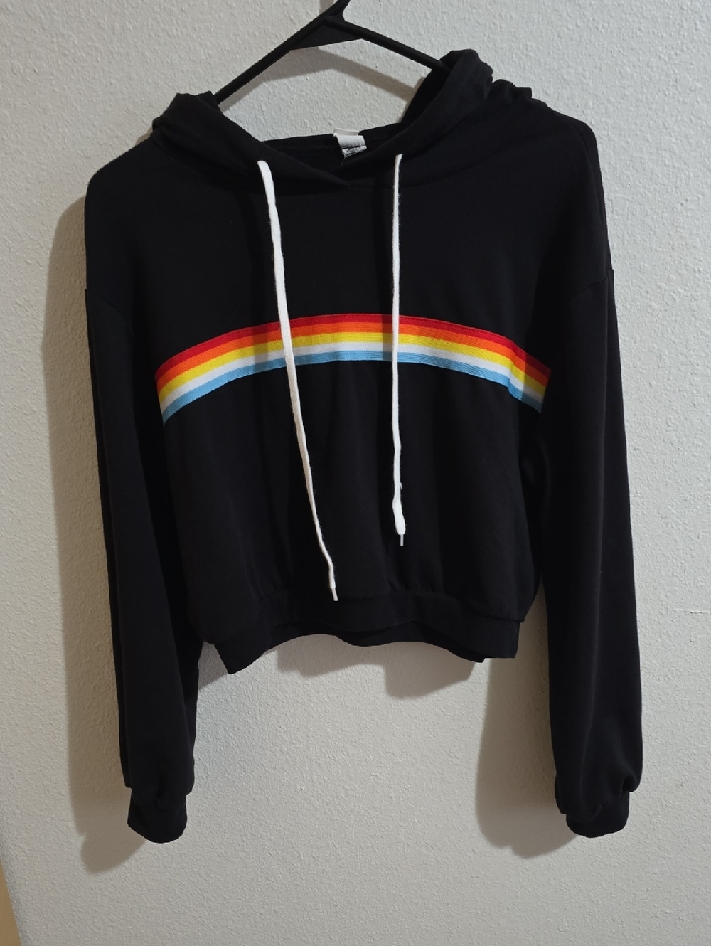 Black Women's Cropped Hoodie with Rainbow Stripe